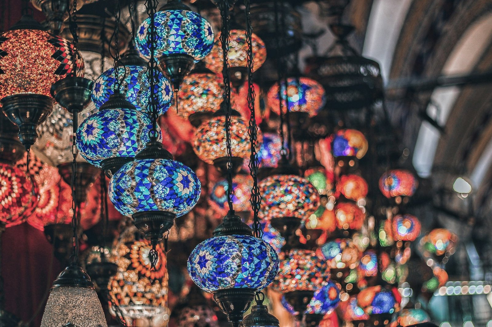 Colorful Turkish mosaic lamps in the Grand Bazaar